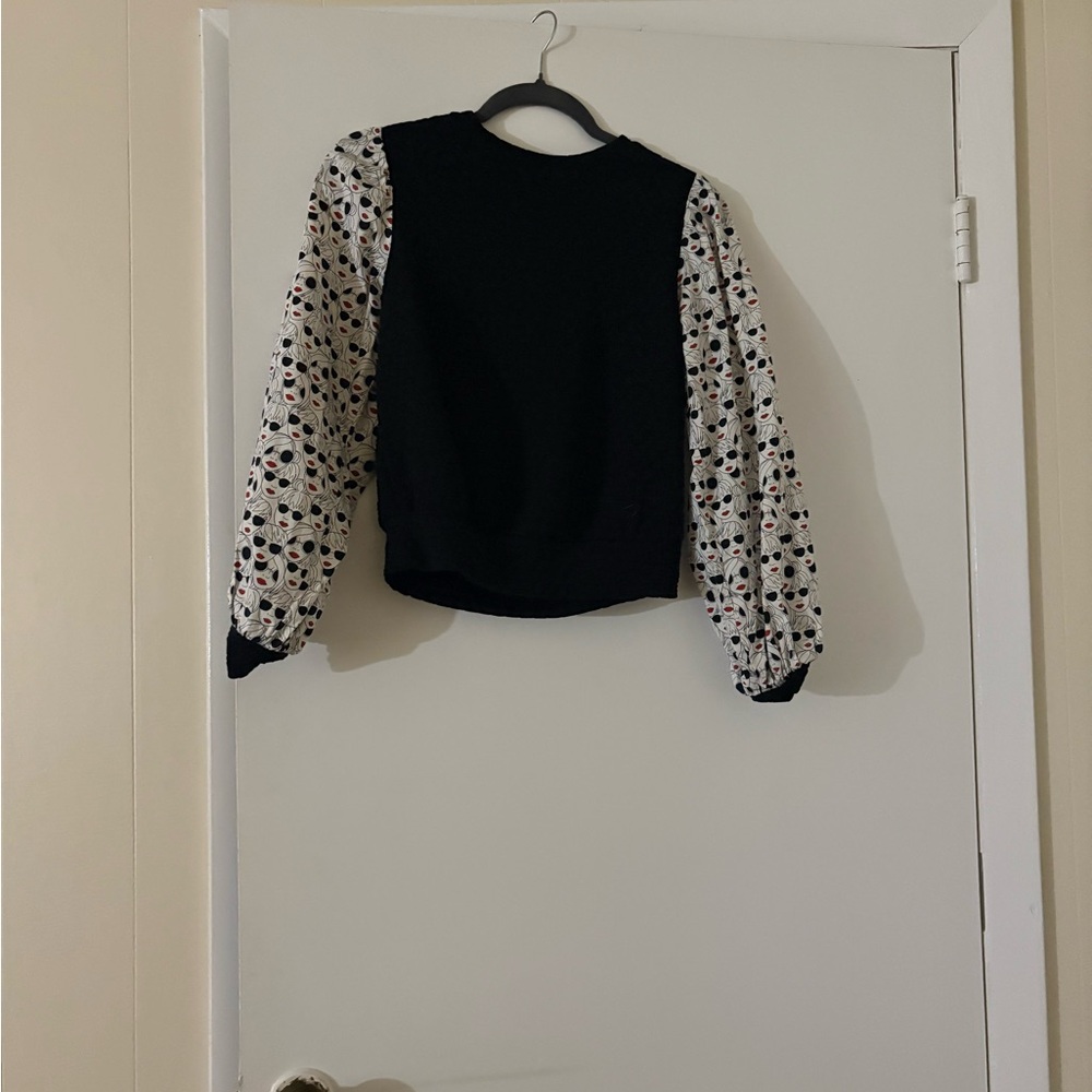 Anthropologie Black and White Blouse with Floral Sleeves